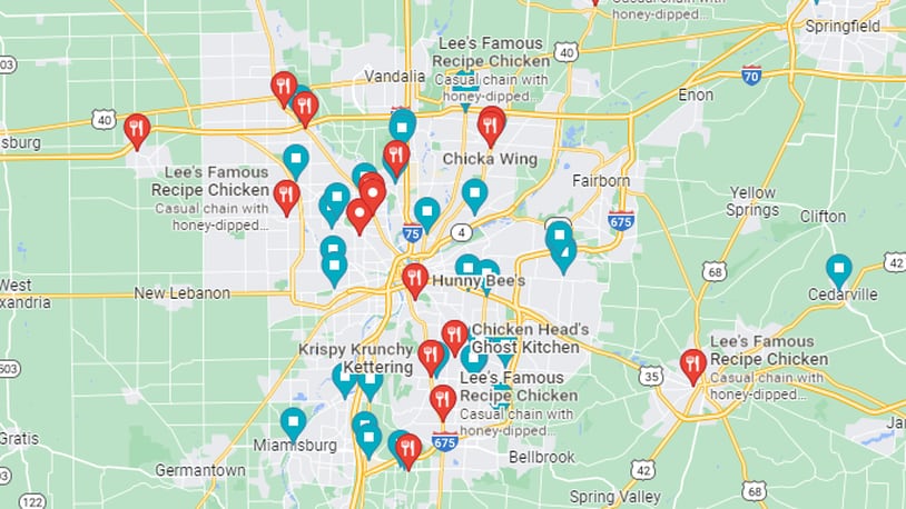 The Dayton-area has over 50 restaurant locations specializing in fried chicken (Google Map).