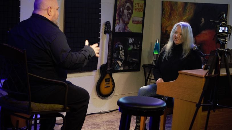 Host Jim Hamden (left) interviews Dayton music icon Sharon Lane during episode two of the new locally produced video podcast, “Everything Under the Sun.” CONTRIBUTED