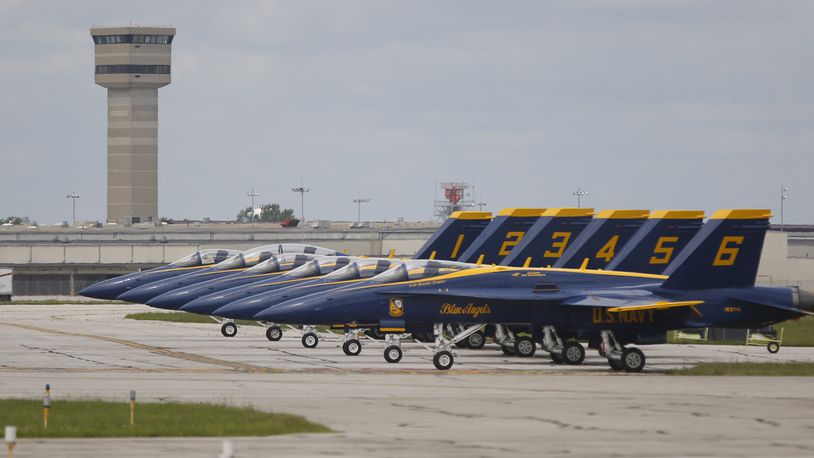The U.S. Navy Blue Angels at the Vectren Dayton Air Show in 2018.   TY GREENLEES / STAFF