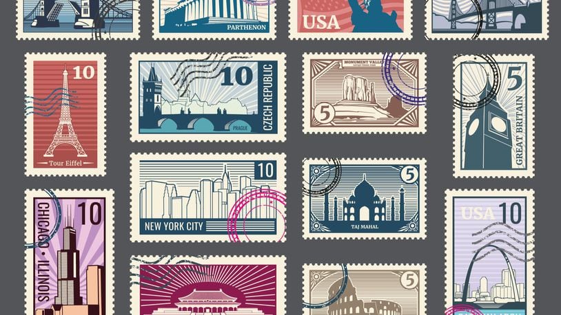 Travel and vacation postage stamps with historic architecture and world landmarks. A film producer in Florida allegedly used a stamp scheme to embezzle millions of dollars from his employer.
