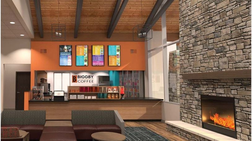 This is an artist's rendering of the interior of the Biggby Coffee shop that will open in late January in Springboro. The new franchise will be located inside the former Park National Bank building at 720 Gardner Road across from the Dorothy Lane Market. CONTRIBUTED