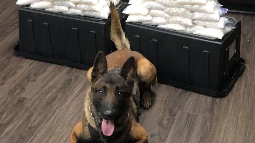 West Covina Police K-9 Rye detected approximately 60 lb. of methamphetamine hidden under the drivers seat and front passenger seat in West Covina, Calif.