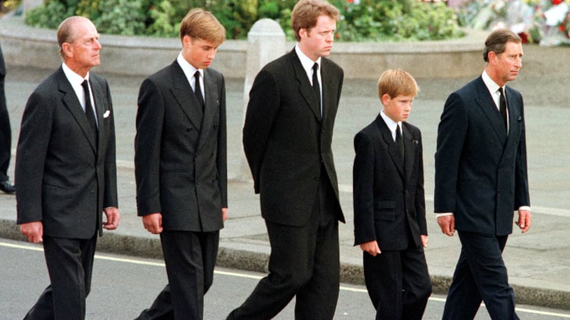 (L to R) The Duke of Edinburgh, Prince William, Earl Spencer, Prince Harry and Prince Charles walk outside Westminster Abbey during the funeral service for Diana, Princess of Wales, 06 September. Hundreds of thousands of mourners lined the streets of Central London to watch the funeral procession. The Princess died last week in a car crash in Paris. (Photo credit should read JEFF J. MITCHELL/AFP/Getty Images)
