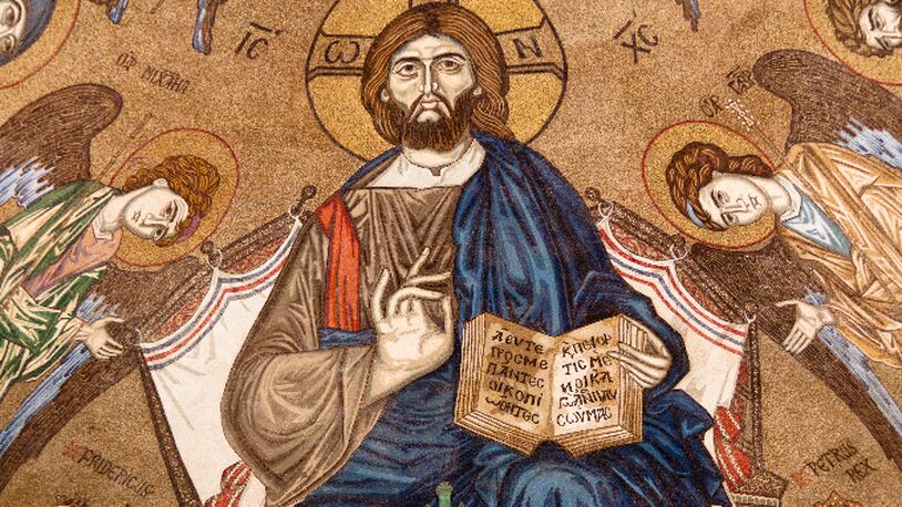 Pictured is a mosaic of Jesus Christ inside Messina Cathedral on the Piazza del Duomo in Messina, Sicily.