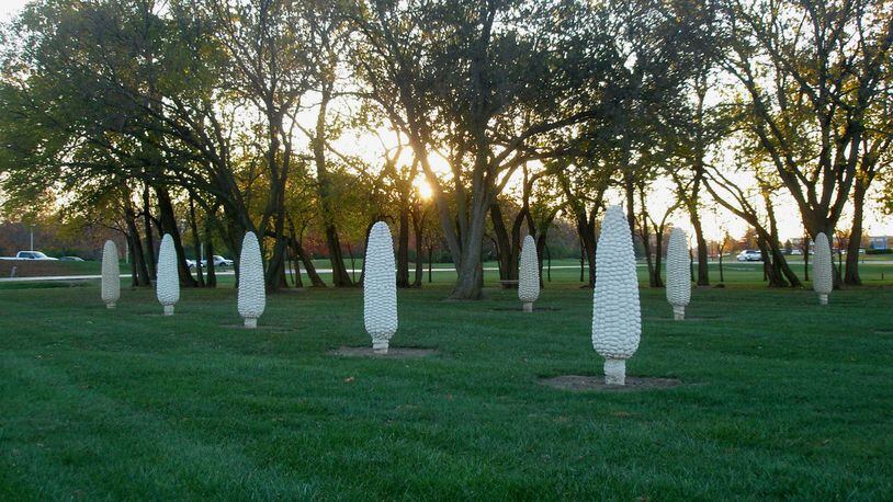The Field of Corn, or "Cornhenge," exhibit features 109 human-sized ears of corn arranged in a circle similar to Stonehenge.