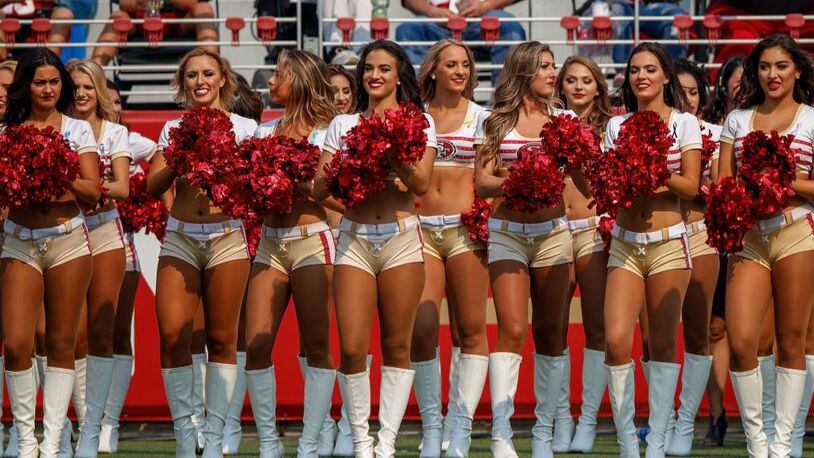 San Francisco 49ers cheerleaders on the sidelines during the first quarter against the Arizona Cardinals at Levi's Stadium on October 7, 2018 in Santa Clara, California.