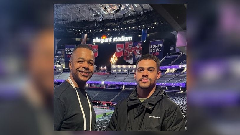 David and Darian Reynolds at Allegiant Stadium in Las Vegas the other night during preparations for Super Bowl LVIII between San Francisco and Kansas City. CONTRIBUTED