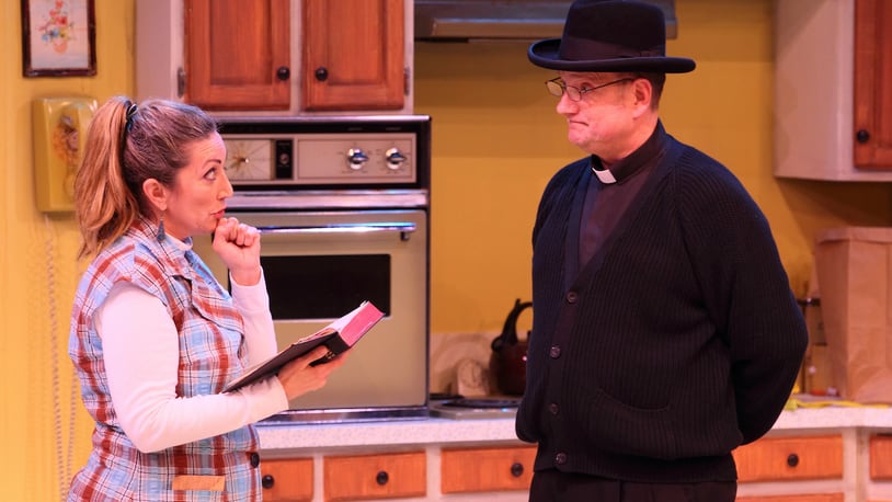 Mierka Girten (Terri Carmichael) and Jason Podplesky (Father Lovett) in the Human Race Theatre Company's production of "Incident at Our Lady of Perpetual Help." PHOTO BY SCOTT J. KIMMINS