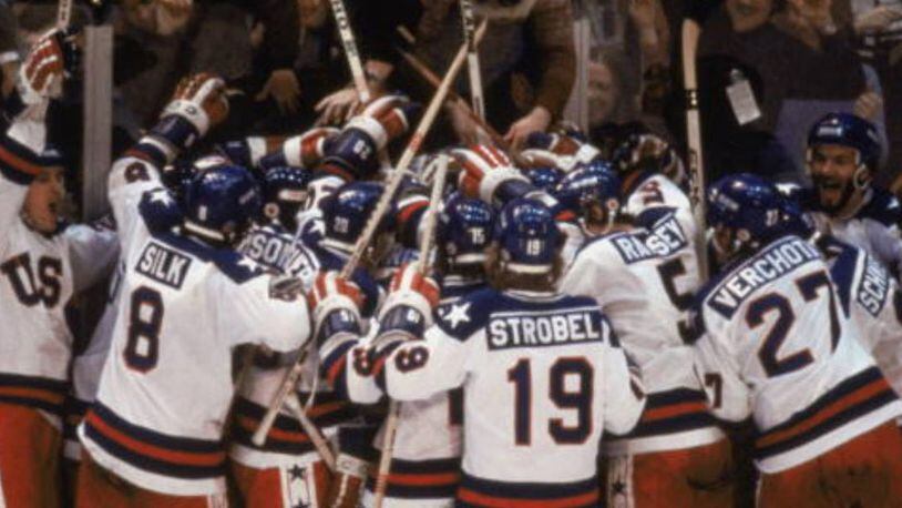 The U.S. hockey team celebrates after defeating the Soviet Union at the 1980 Winter Olympics.