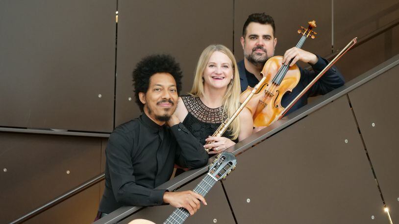 University of Dayton’s ArtsLIVE presents international chamber music ensemble Trio Virado, (left to right) João Luiz, Amy Porter and Jaime Amador, in a Vanguard Legacy Concert in UD’s Sears Recital Hall in the Jesse Philips Humanities Center on Sunday, Oct. 9.