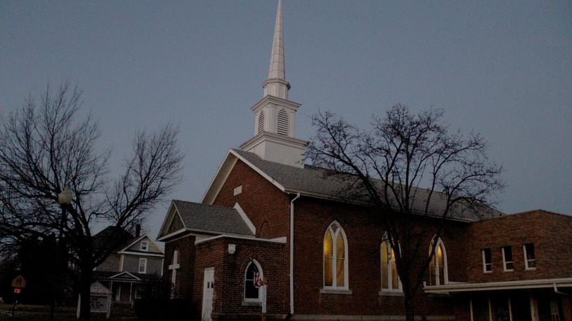 Evening photo of Trotwood United Church of Christ on Broadway St. in Trotwood.