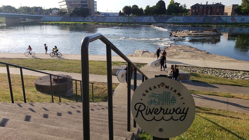 Recreational enthusiasts enjoy the Great Miami Riverway in downtown Dayton.
