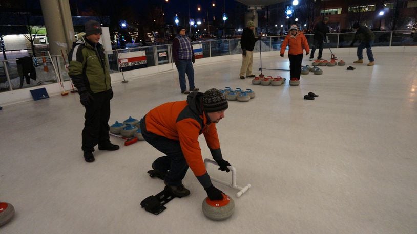 Teams are shown competing during a curling league recently at Riverscape Metropark in Dayton. Teams compete in curling leagues at Riverscape, Hobart Arena in Troy and South Metro Sports in Centerville. CONTRIBUTED/DENNIS TURNER