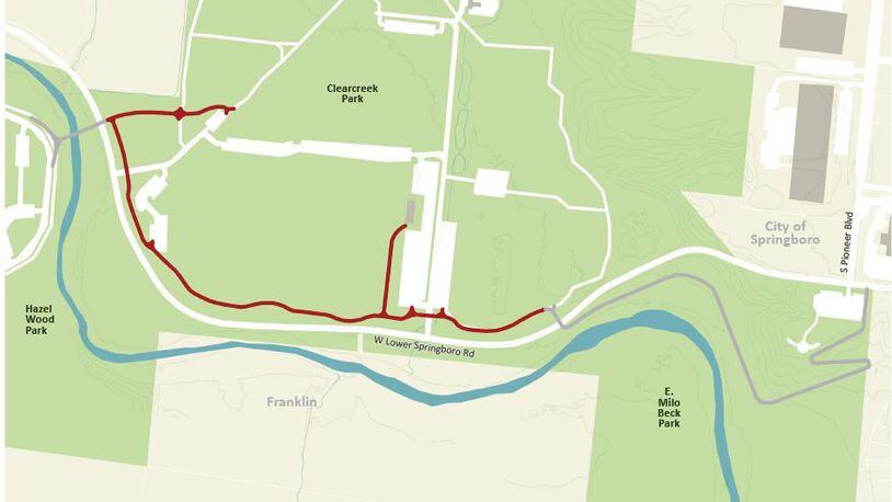 This is a map of Segment B which is portion of a planned 7.8 bike path linking six parks in Springboro to be completed in the next 10-plus years. This section, marked in red, would  eventually connect to another extension of a bike path between Franklin Community Park and Hazel Wood Park on West Lower Springboro Road. That connection would enable cyclists to access the Great Miami River Recreation Trail. The gray lines are future planned segments. CONTRIBUTED/CITY OF SPRINGBORO
