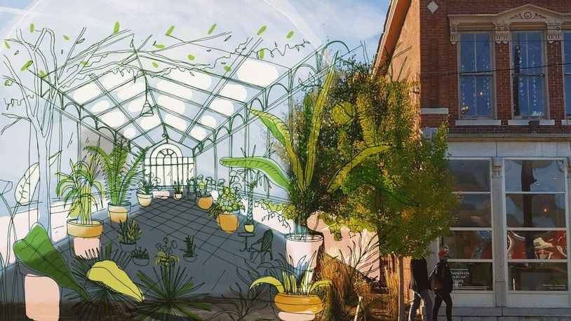 An artist's sketch of St. Anne the Tart's "greenhouse cafe" that community members will help build this weekend. Funding for the project is from a CARES Act the coffeehouse and bakery obtained from the city of Dayton. CONTRIBUTED