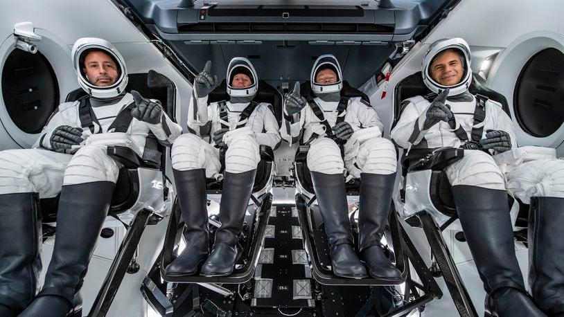 A photo provided by SpaceX of the Axiom-1 mission crew during training, from left: Mark Pathy, Larry Connor, Michael López-Alegría, the mission commander, and Eytan Stibbe. Axiom Space bought seats on a SpaceX rocket to be NASA’s guests on the flight that went into orbit on Friday, April 8, 2022, as the agency extends efforts to commercialize spaceflight. (SpaceX via The New York Times) -- NO SALES; FOR EDITORIAL USE ONLY WITH NYT STORY SPACE TOURISM BY KENNETH CHANG FOR APRIL 8, 2022. ALL OTHER USE PROHIBITED.