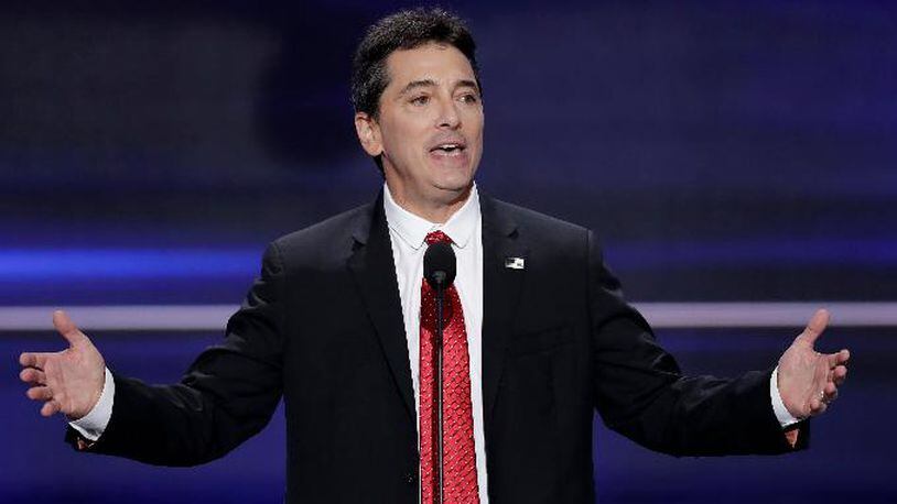 FILE - In a July 18, 2016 file photo, actor Scott Baio speaks during the opening day of the Republican National Convention in Cleveland. Baio is denying a claim made by his former "Charles in Charge" co-star Nicole Eggert that something inappropriate happened between the two when she was a minor. Eggert tweeted Saturday. Jan. 27, 2018 to ask Baio about what happened in his garage when she was a minor. (AP Photo/J. Scott Applewhite, File)