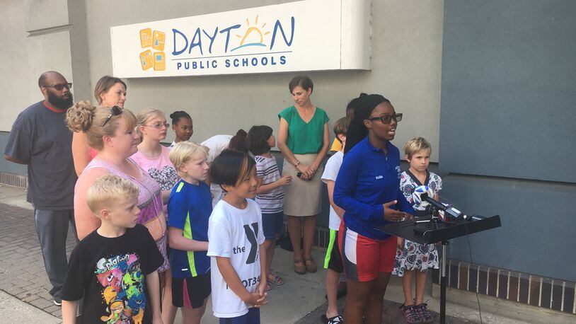 Dunbar senior Ragina Drake calls for more respect for Dayton teachers on Thursday, Aug. 2, 2017, saying a teacher strike would have a negative impact on Dayton students’ education. JEREMY P. KELLEY / STAFF