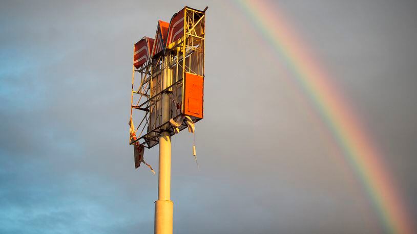 A rainbow appears over over a Whataburger sign that was destroyed by Hurricane Harvey in Refugio, Texas, Monday, Aug. 28, 2017. (Nick Wagner/Austin American-Statesman via AP)
