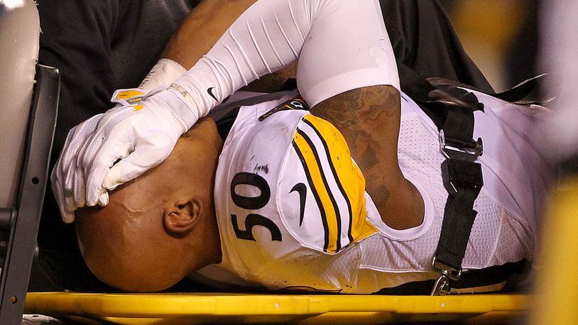 Ryan Shazier #50 of the Pittsburgh Steelers reacts as he is carted off the field after a injury against the Cincinnati Bengals during the first half at Paul Brown Stadium on December 4, 2017 in Cincinnati, Ohio.  (Photo by John Grieshop/Getty Images)