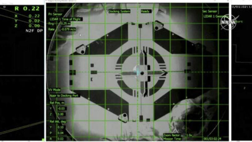 In this image taken from NASA Television, a live screen shows the docking scene of SpaceX's new crew capsule and the International Space Station Sunday morning.