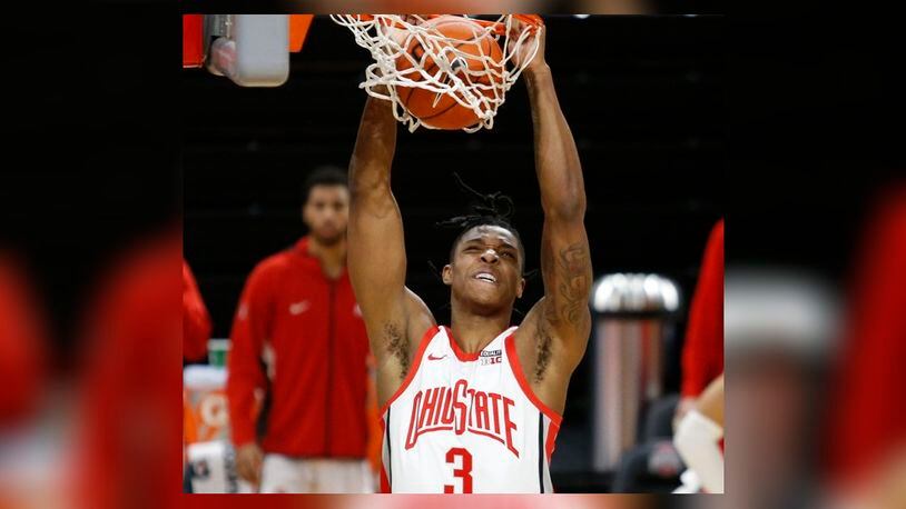 Ohio State guard Eugene Brown dunks against Morehead State during the second half of an NCAA college basketball game in Columbus, Ohio, Wednesday, Dec. 2, 2020. Ohio State won 77-44.