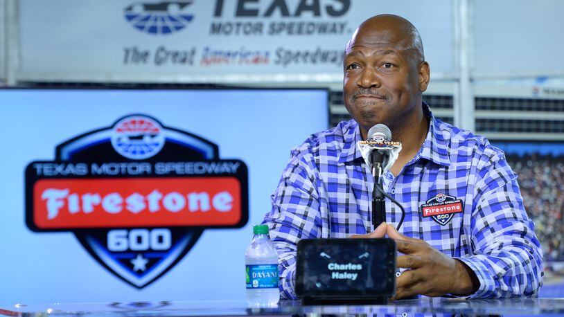FORT WORTH, TX - JUNE 06: Honorary Starter and NFL Hall of Fame inductee Charles Haley speaks at a press conference prior to the Verizon IndyCar Series Firestone 600 at Texas Motor Speedway on June 6, 2015 in Fort Worth, Texas. (Photo by Robert Laberge/Getty Images for Texas Motor Speedway)