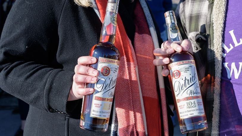 The Belle of Dayton Distillery, located on 122 Van Buren St. in Dayton’s Oregon Historic District celebrated the release of its Detrick Straight Rye Whiskey on Saturday, January 23, 2021 from 10 a.m. until 3 p.m. With a line wrapping all the way around to Clay St., every bottle of the limited release spirit was sold out by 8 p.m. during the distillery’s Van Buren Room cocktail bar hours. The Detrick Distilling Co. operated a distillery in Tippecanoe (present day Tipp City) before Prohibition plus had a shipping and receiving office in downtown Dayton. Members of the Detrick family were present for the release. TOM GILLIAM / CONTRIBUTING PHOTOGRAPHER
