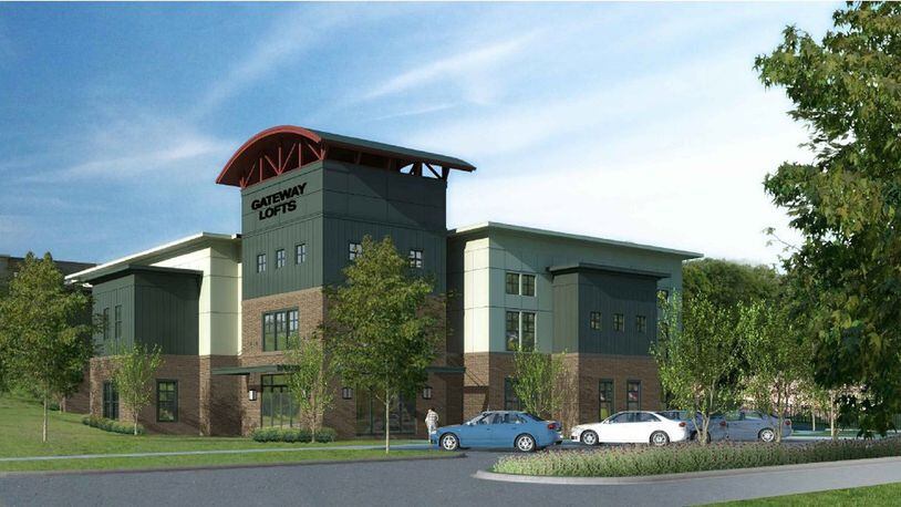 An artists rendering of an exterior view of the proposed Gateway Lofts at Chardonnay Drive.