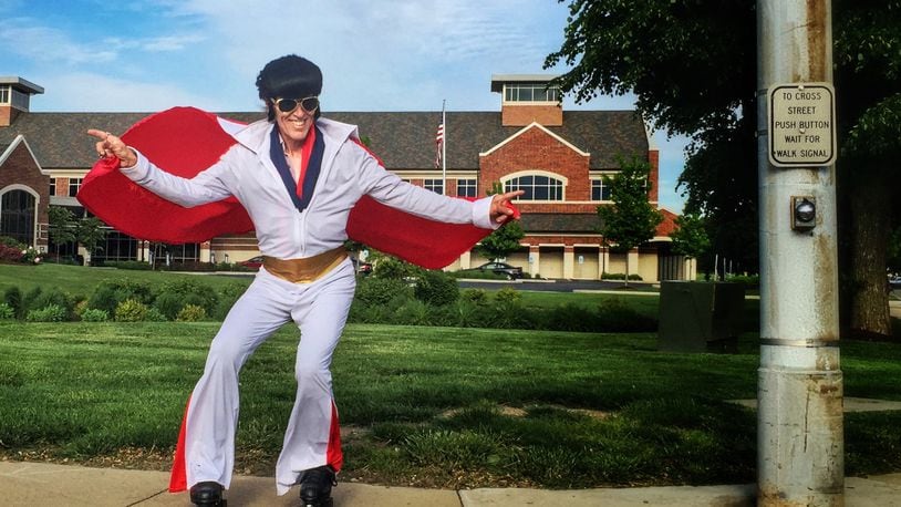 A rollerblading Elvis has been spotted on the bike paths in and around downtown Dayton in since at least early March.  (Staff photo by Connie Post)