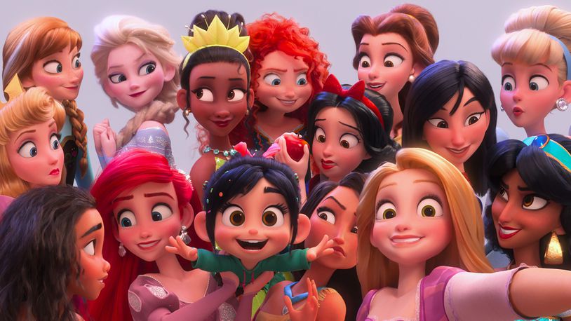 Vanellope von Schweetz (voiced by Sarah Silverman, center bottom) shares a selfie with her fellow Disney princesses in the sequel "Ralph Breaks the Internet."