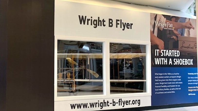The Wright B. Flyer exhibit, located inside of the main entrance at the Mall at Fairfield Commons.