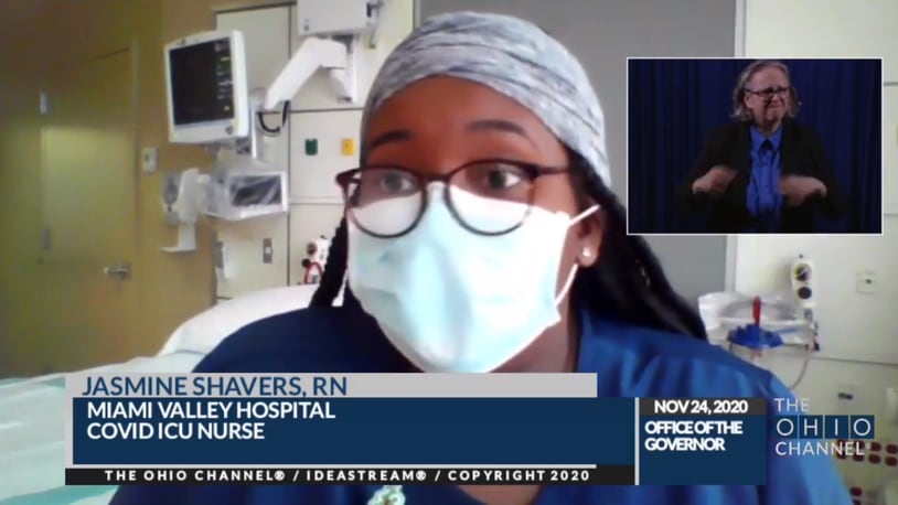 Jasmine Shavers, a nurse at Miami Valley Hospital, spoke about her experience treating COVID-19 patients during Gov. Mike DeWine's press conference on Tuesday, Nov. 24, 2020.
