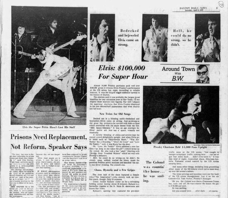 Elvis Presley brought down the house at the University of Dayton Arena April 7, 1972. DAYTON DAILY NEWS April 8, 1977