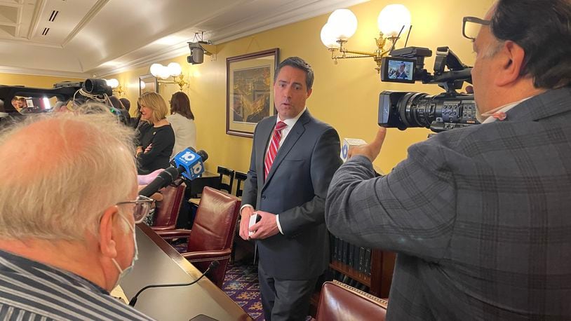 Ohio Secretary of State Frank LaRose talks about holding the May 3 primary following the Feb. 23, 2022 meeting of the Ohio Redistricting Commission.