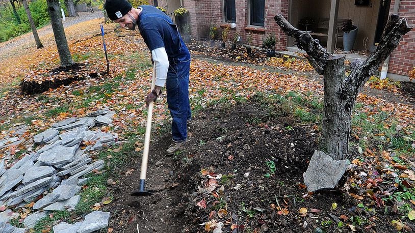Jonny Thomas the owner/operator of Regenerate Garden Co. work at a home in Kettering Wednesday Oct. 26, 2022. The business specializes in creating native and edible gardens designed to be aesthetically pleasing and resource rich. MARSHALL GORBY\STAFF