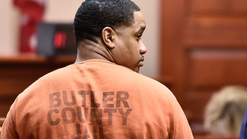 Michael Grevious II — charged in the 2016 drive-by shooting that killed two men in Hamilton — was in Butler County Common Pleas Court today, Nov. 3. His death penalty trial has been continued. NICK GRAHAM/STAFF