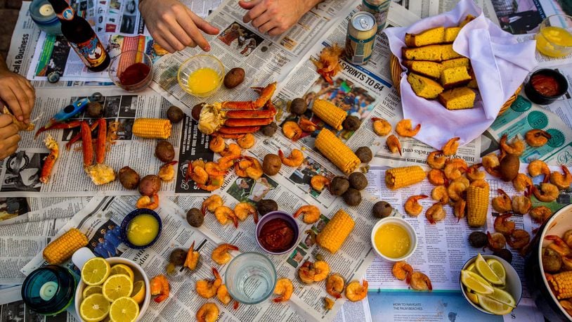 Scatter the shrimp boil ingredients on your finest linen (not!), and make sure you have plenty of napkins nearby. (Contributed by LibbyVision.com)