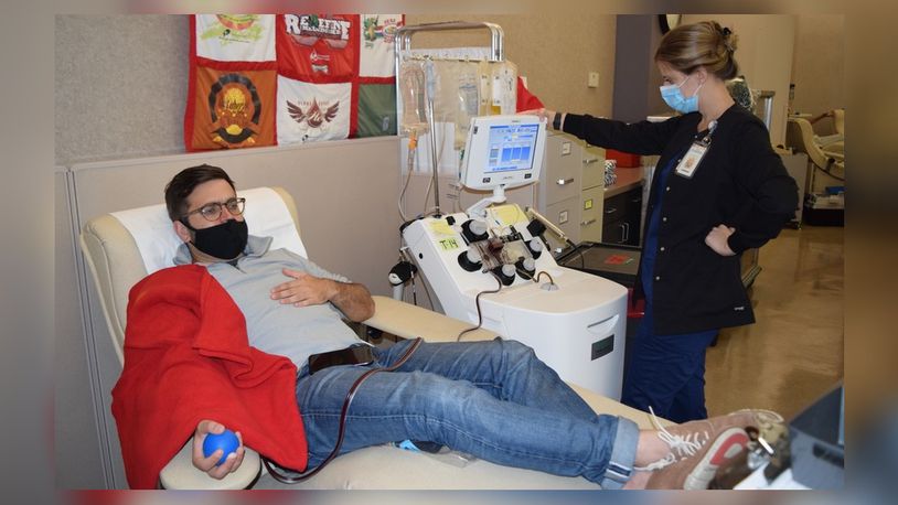 Ryan Monell of Beavercreek is the first to qualify by positive antibody test to give COVID-19 Convalescent Plasma (CCP) at Community Blood Center. CONTRIBUTED