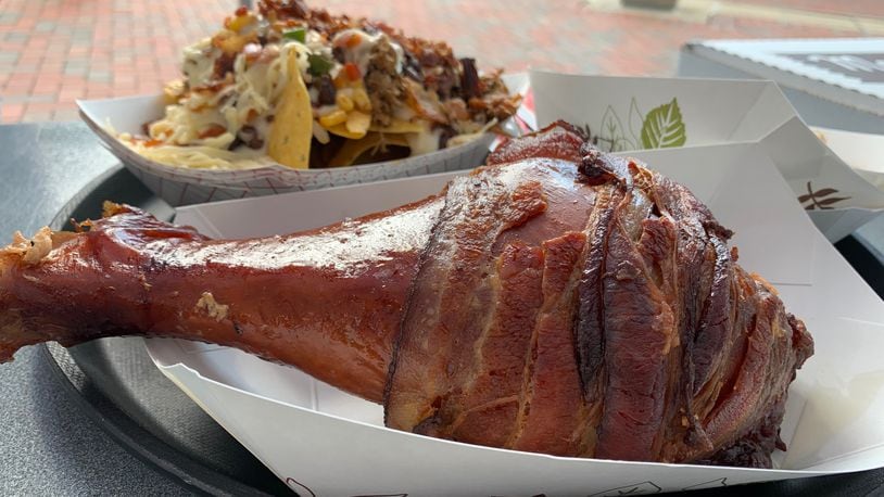 The bacon wrapped turkey leg and pulled pork bacon nachos from Amber Rose were a crowd favorite and judges favorite this year at Bacon Fest at The Fraze. CONTRIBUTED/ALEXIS LARSEN