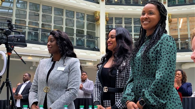 Charlynda Scales, Jamaica White and Dabria Rice, founders of 6888 kitchen, are recognized at a groundbreaking ceremony Monday. LONDON BISHOP/STAFF