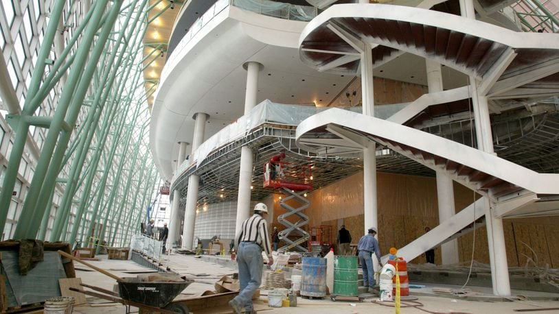 The wintergarten area of the Schuster Center for the Performing Arts is taking shape, with the open staircase on the right, and the wide open area near the theatre lobby to the right.