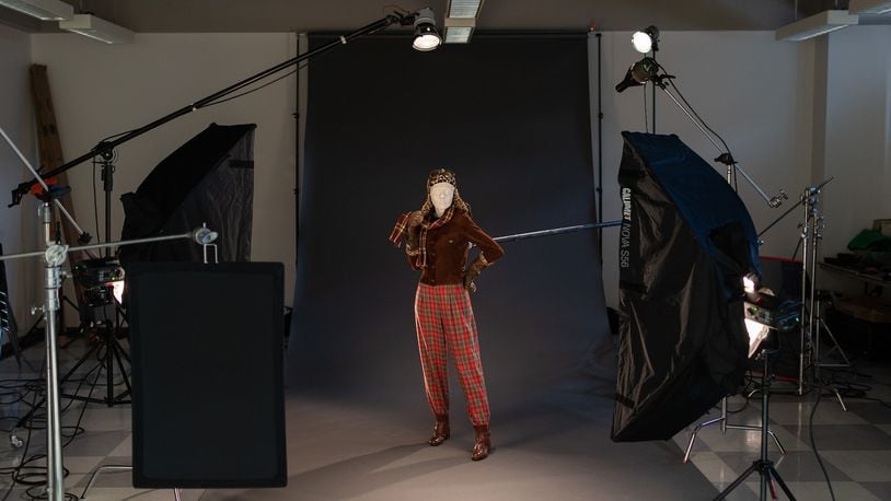 Behind the scenes of Sporting Fashion, Piloting ensemble with Abercrombie & Fitch skullcap & mittens, 1930s. Photo Brian Davis, FIDM Museum. Courtesy American Federation of Arts