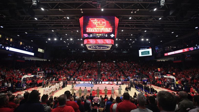 Fans stand for the national anthem before a game between Dayton and Indiana State on Saturday, Nov. 9, 2019, at UD Arena. David Jablonski/Staff