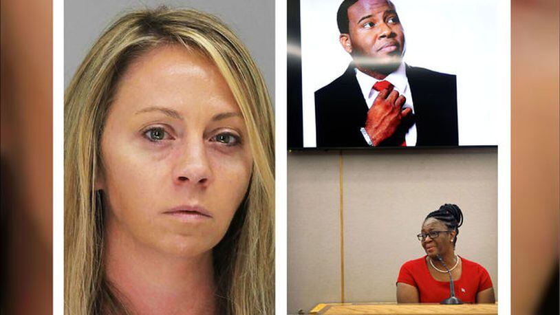 Ex-Dallas cop Amber Guyger, 31, is seen Tuesday, Oct. 1, 2019, in a mugshot taken following her murder conviction for the September 2018 death of Botham Jean. Jean's mother, Allison Jean, at right, testifies during the penalty phase of the trial.