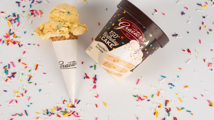 Graeter’s new “Birthday Cake” ice cream flavor is a blend of cake pieces and sprinkles in cake batter ice cream. CONTRIBUTED PHOTO