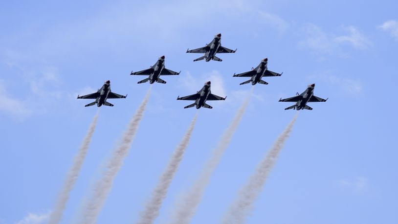 The U.S. Air Force Thunderbirds do a flyover before the NASCAR Daytona 500 auto race at Daytona International Speedway, Sunday, Feb. 14, 2021, in Daytona Beach, Fla. (AP Photo/John Raoux)