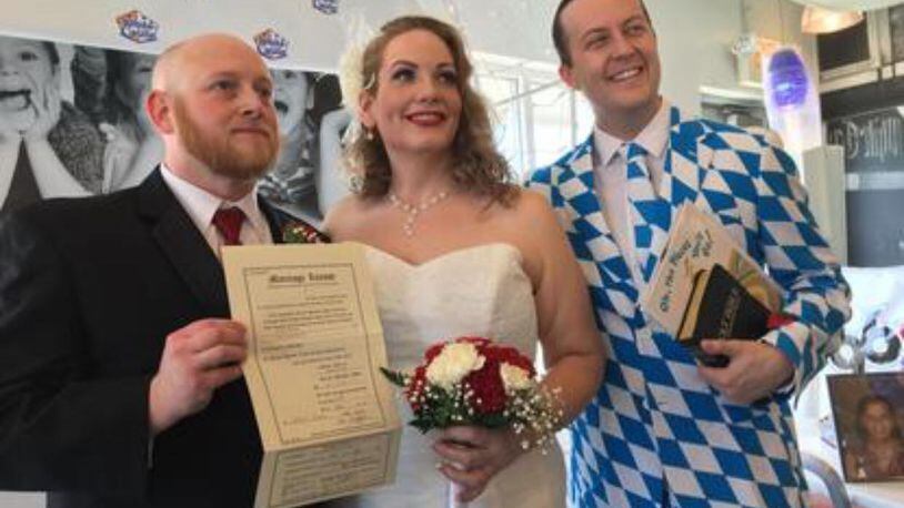 Nicole Xique and Brian Breezley tied the knot in an very unconventional way on Friday, April 13, as they exchanged their weddings vows at a White Castle in Cincinnati after winning a radio station’s wedding contest. CONTRIBUTED