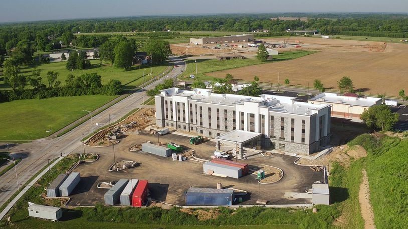 The Hampton Inn and Suites on South Progress Drive in Xenia directly behind two new retail centers including a Penn Station on Hospitality Drive. TY GREENLEES / STAFF