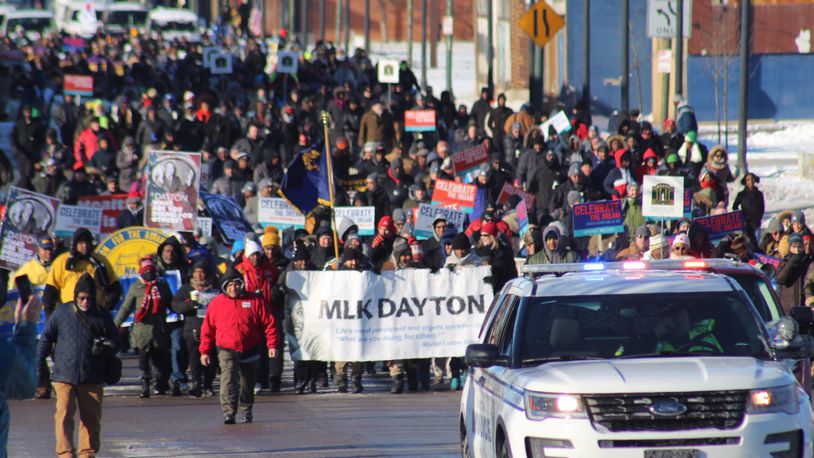 Hundreds of people gathered in Dayton on Monday morning to march in celebration of Martin Luther King Jr. Marchers started near The Charles Drew Health Center on West Third Street and ended at the Dayton Convention Center.